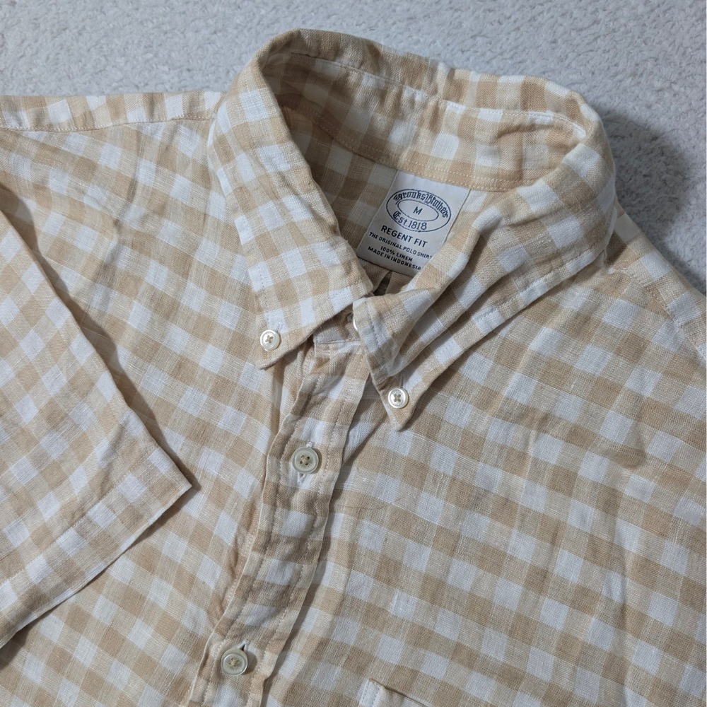 Brooks Brothers Button Down Mens Med Tan Gingham 100% Linen Regent Fit S/S